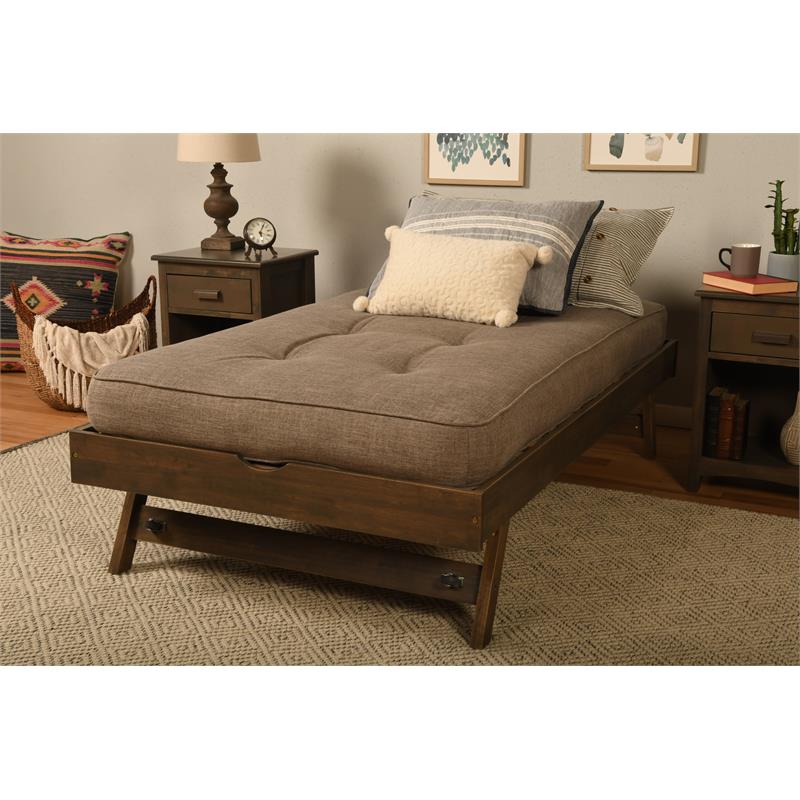 Kodiak Furniture Boho Wood Pop Up Bed in Walnut Brown w/ Linen Stone Mattress