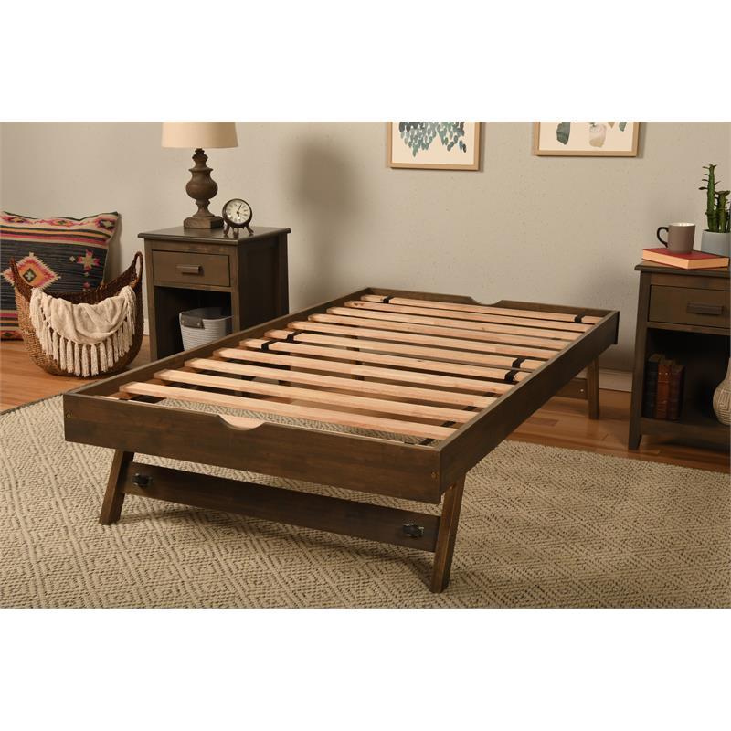 Kodiak Furniture Boho Wood Pop Up Bed in Walnut Brown w/ Linen Stone Mattress
