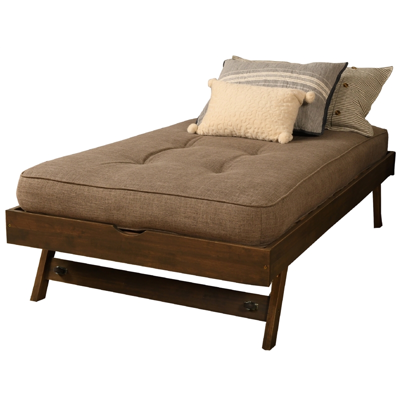 Kodiak Furniture Boho Wood Pop Up Bed in Walnut Brown w/ Linen Stone Mattress