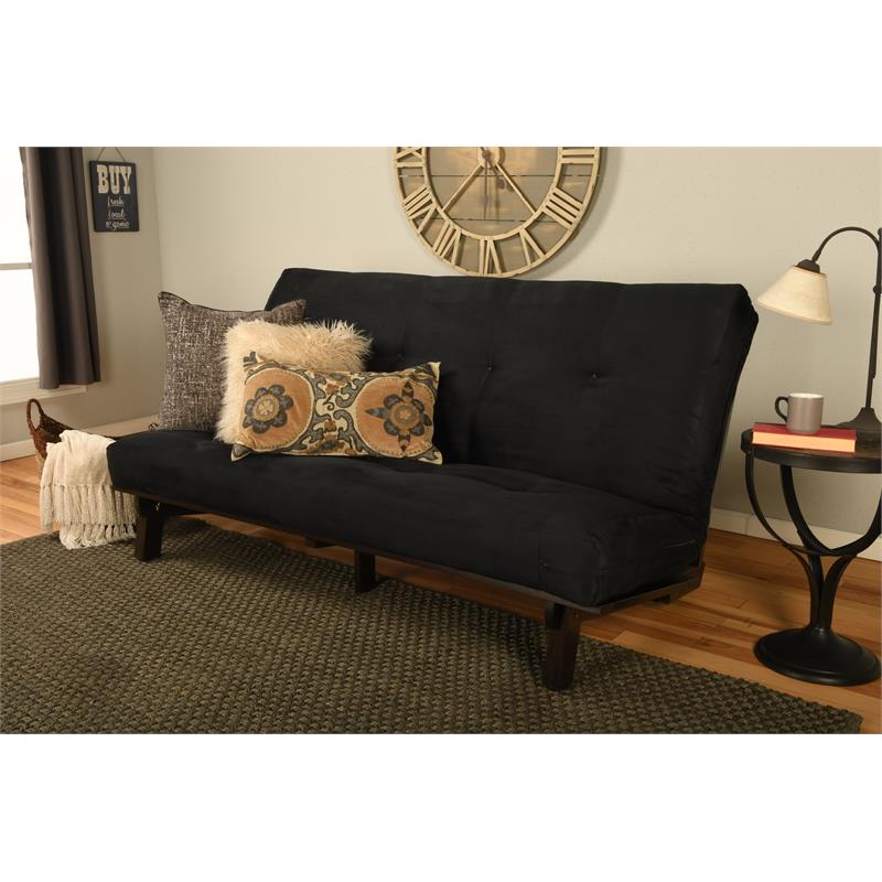 Kodiak Furniture Carson Wood Futon in Java Brown Finish w/ Suede Black Mattress