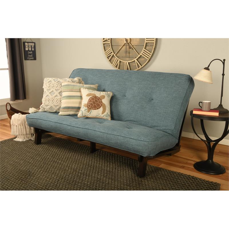 Kodiak Furniture Carson Wood Futon in Java Brown Finish with Linen Aqua Mattress
