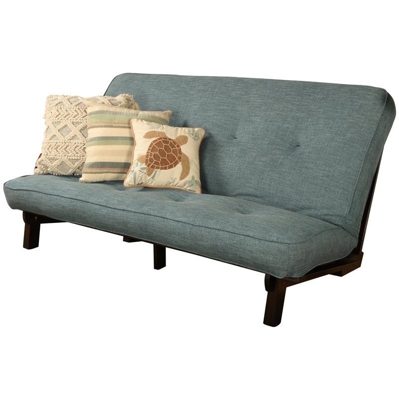 Kodiak Furniture Carson Wood Futon in Java Brown Finish with Linen Aqua Mattress