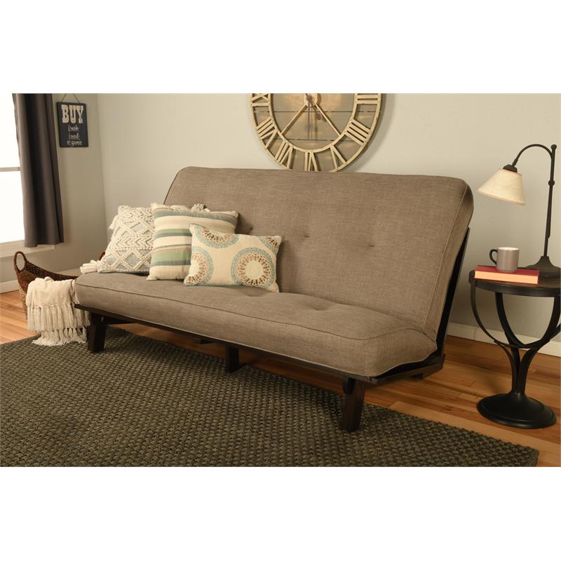 Kodiak Furniture Carson Wood Futon in Java Brown Finish w/ Linen Stone Mattress