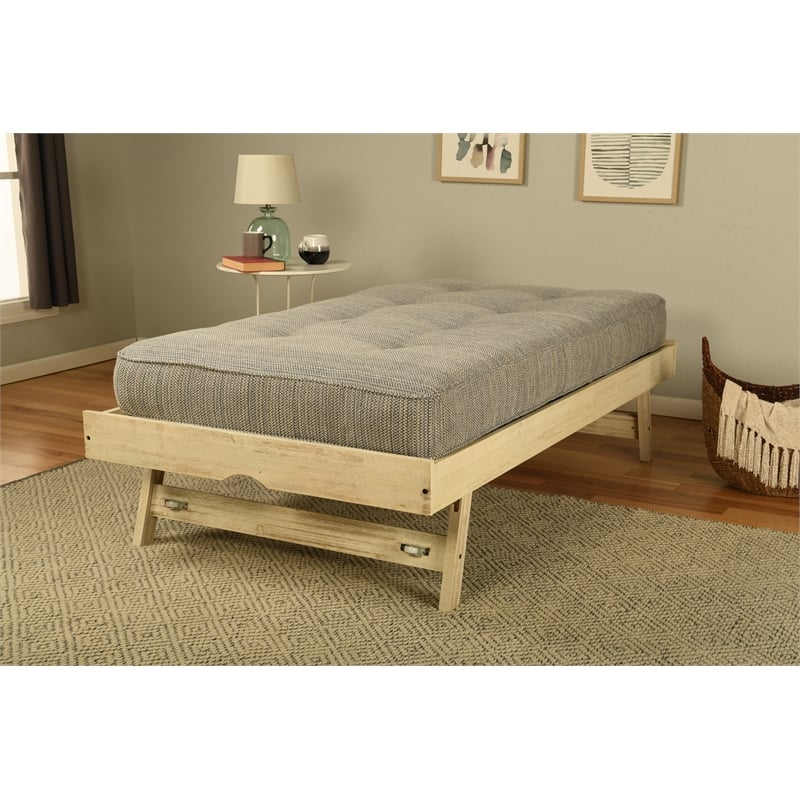 Kodiak Furniture Marisa Pop Up Wood Trundle Bed in Weathered White with Mattress