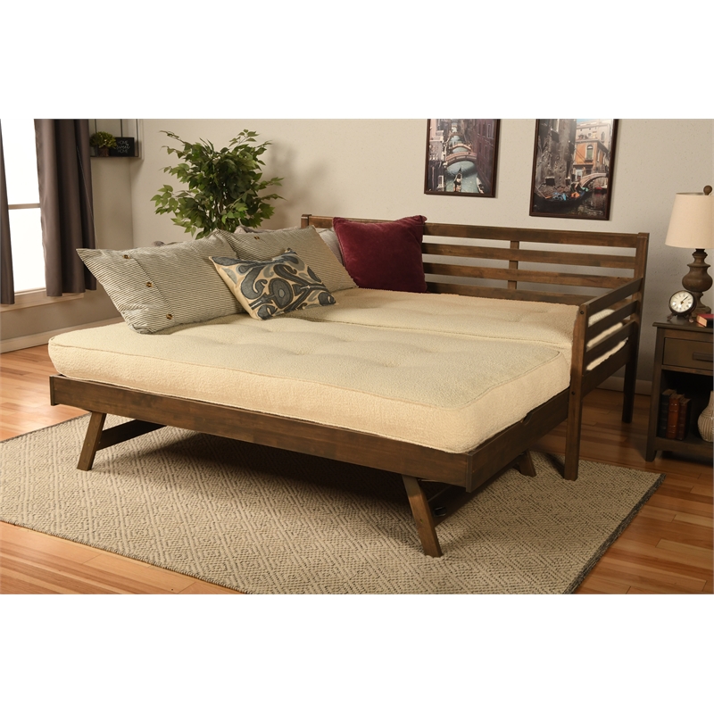 Kodiak Furniture Boho Wood Daybed/Pop Up Bed in Walnut Brown w/ Cream Mattresses