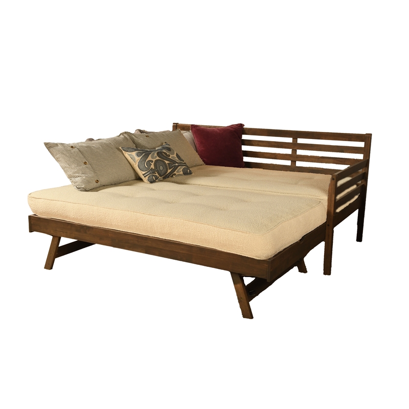 Kodiak Furniture Boho Wood Daybed/Pop Up Bed in Walnut Brown w/ Cream Mattresses