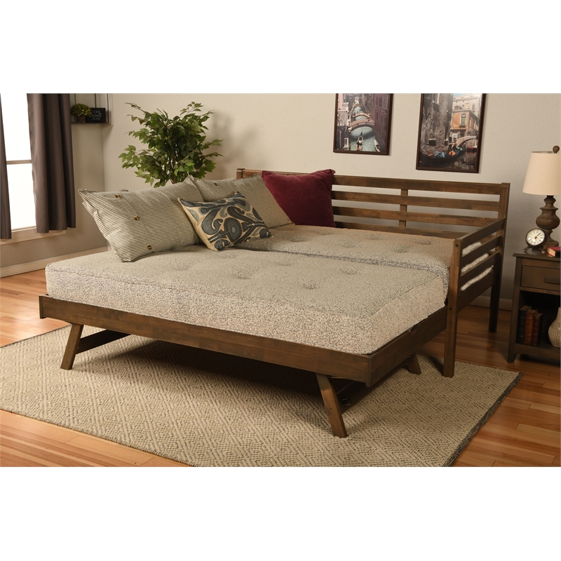 Kodiak Furniture Boho Wood Daybed/Pop Up Bed in Walnut Brown w/ Gray Mattresses