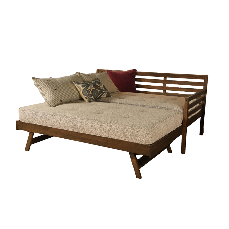 Kodiak Furniture Boho Wood Daybed/Pop Up Bed in Walnut Brown w/ Gray Mattresses