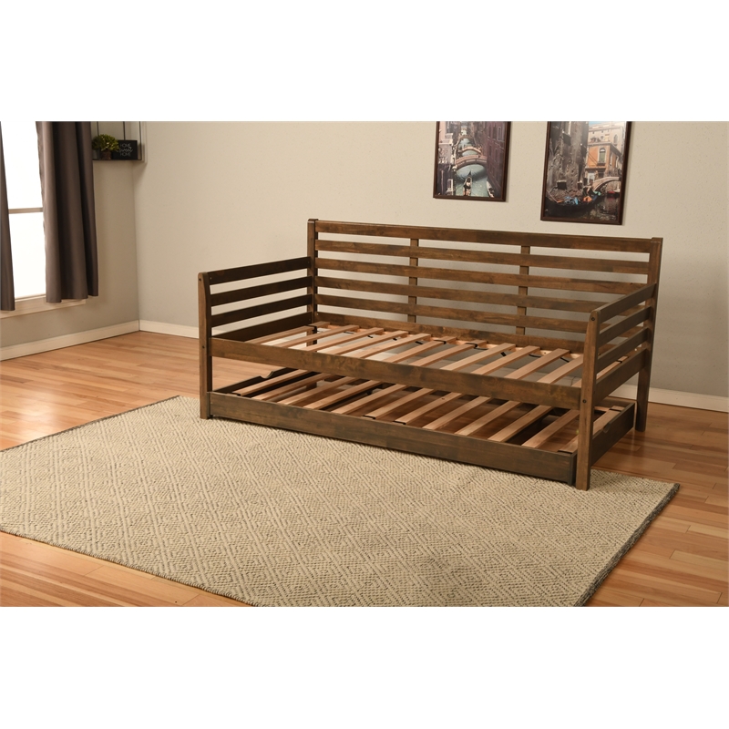 Kodiak Furniture Boho Wood Daybed/Pop Up Bed in Walnut Brown w/ Gray Mattresses