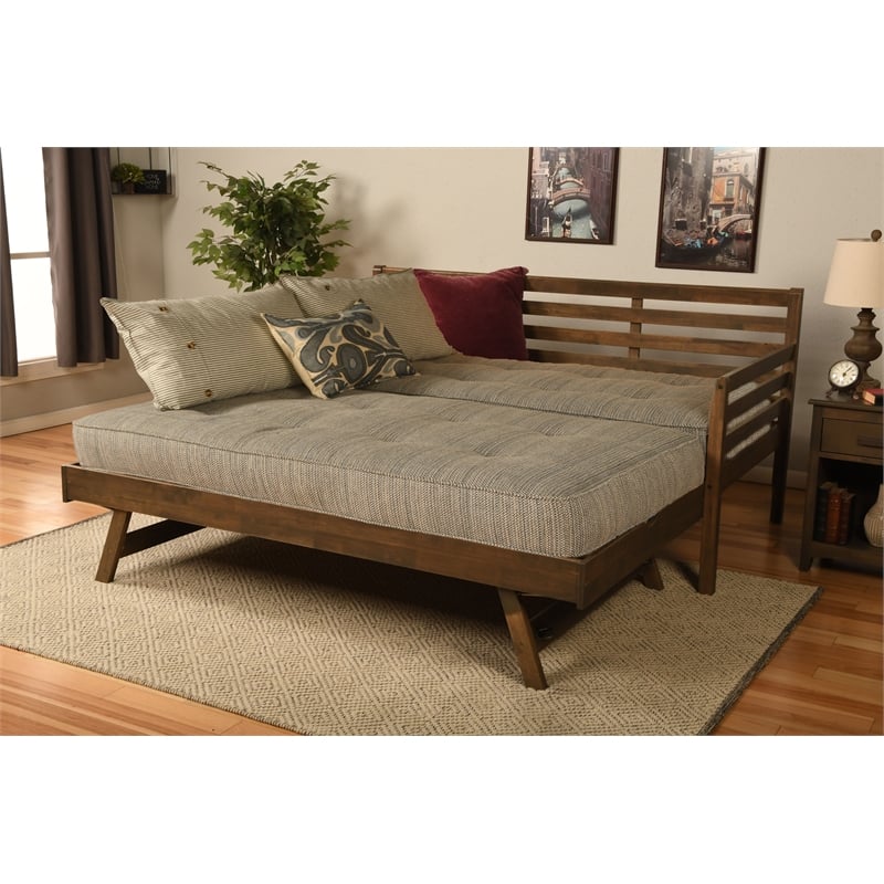Kodiak Furniture Boho Wood Daybed/Pop Up Bed in Walnut Brown w/ Blue Mattresses
