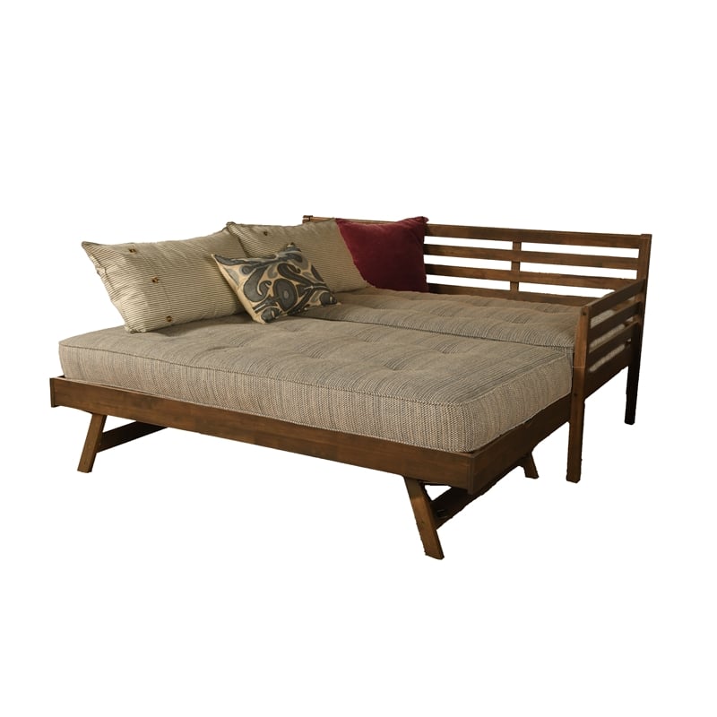 Kodiak Furniture Boho Wood Daybed/Pop Up Bed in Walnut Brown w/ Blue Mattresses