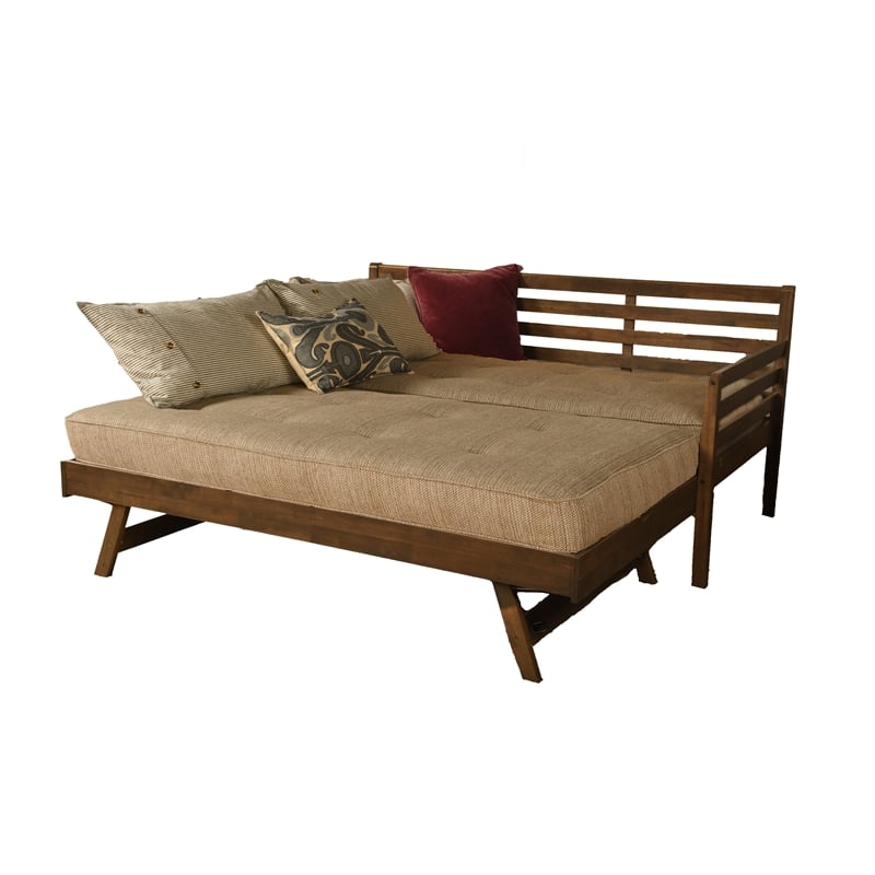 Kodiak Furniture Boho Wood Daybed/Pop Up Bed in Walnut Brown w/ Brown Mattresses