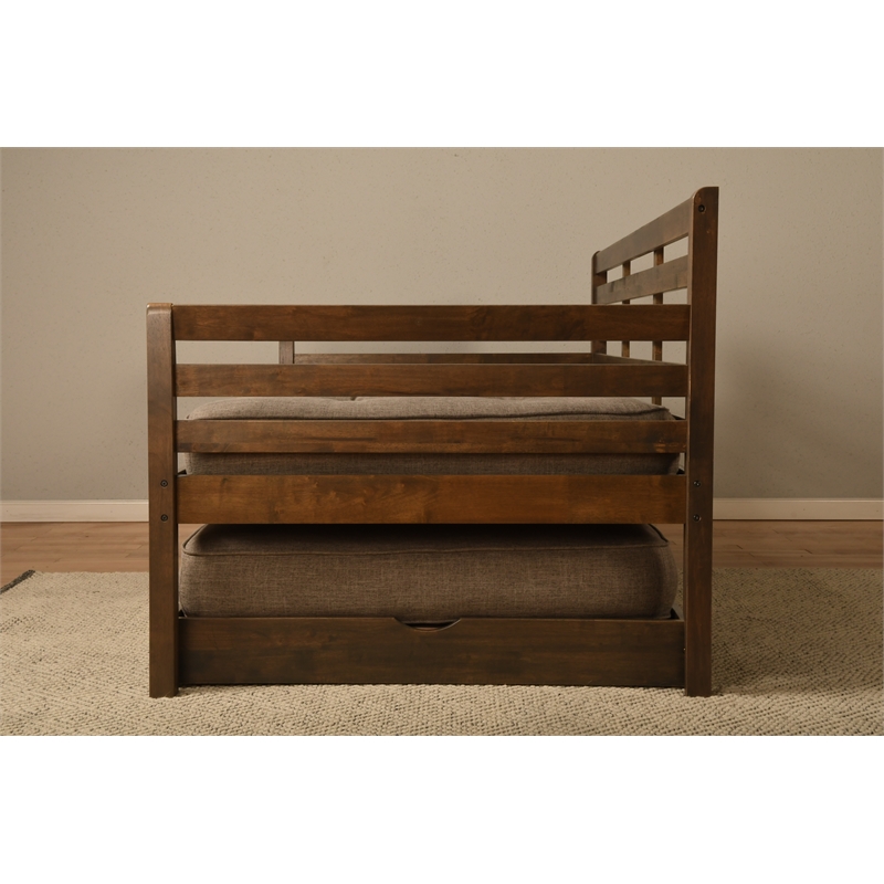 Kodiak Furniture Boho Wood Daybed/Pop Up Bed in Walnut Brown w/ Brown Mattresses