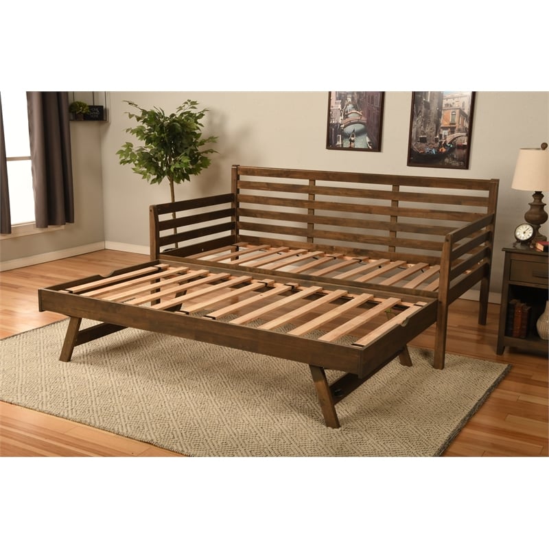 Kodiak Furniture Boho Wood Daybed/Pop Up Bed in Walnut Brown w/ Brown Mattresses
