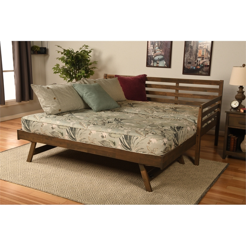 Kodiak Furniture Boho Wood Daybed/Pop Up in Walnut Brown w/ Floral Mattresses