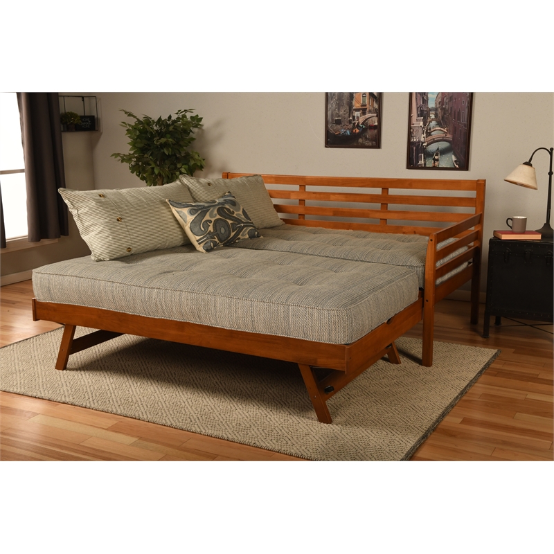 Kodiak Furniture Boho Wood Daybed/Pop Up in Barbados Brown w/ Blue Mattresses