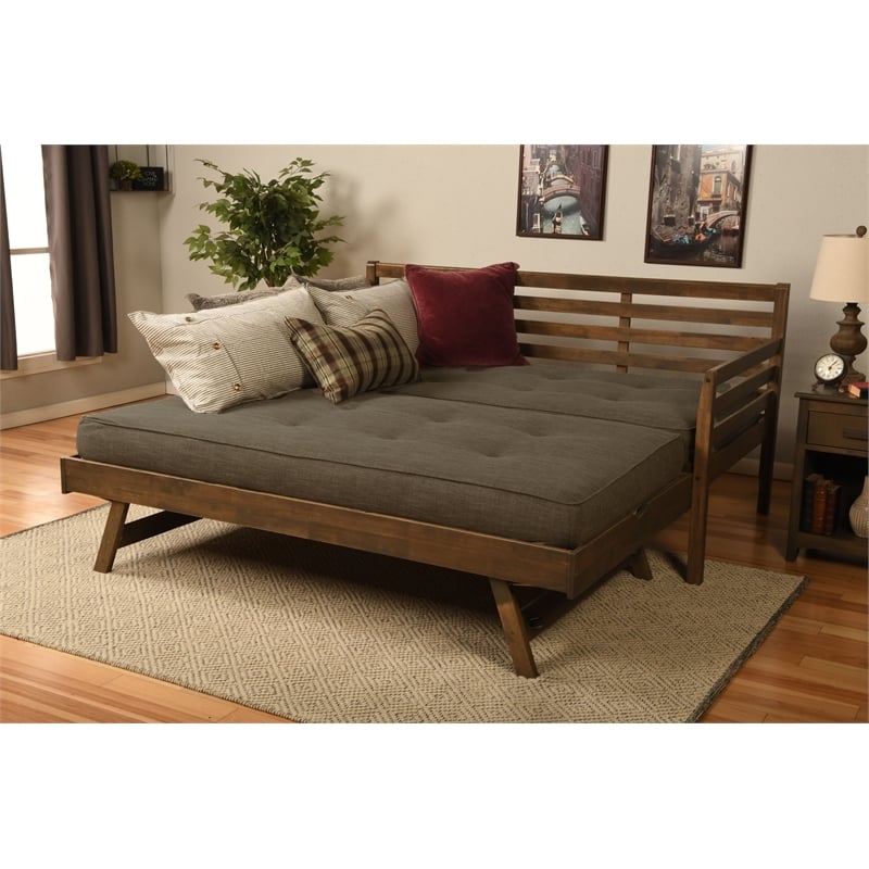 Kodiak Furniture Boho Wood Daybed/Pop Up in Walnut Brown with Linen Mattresses