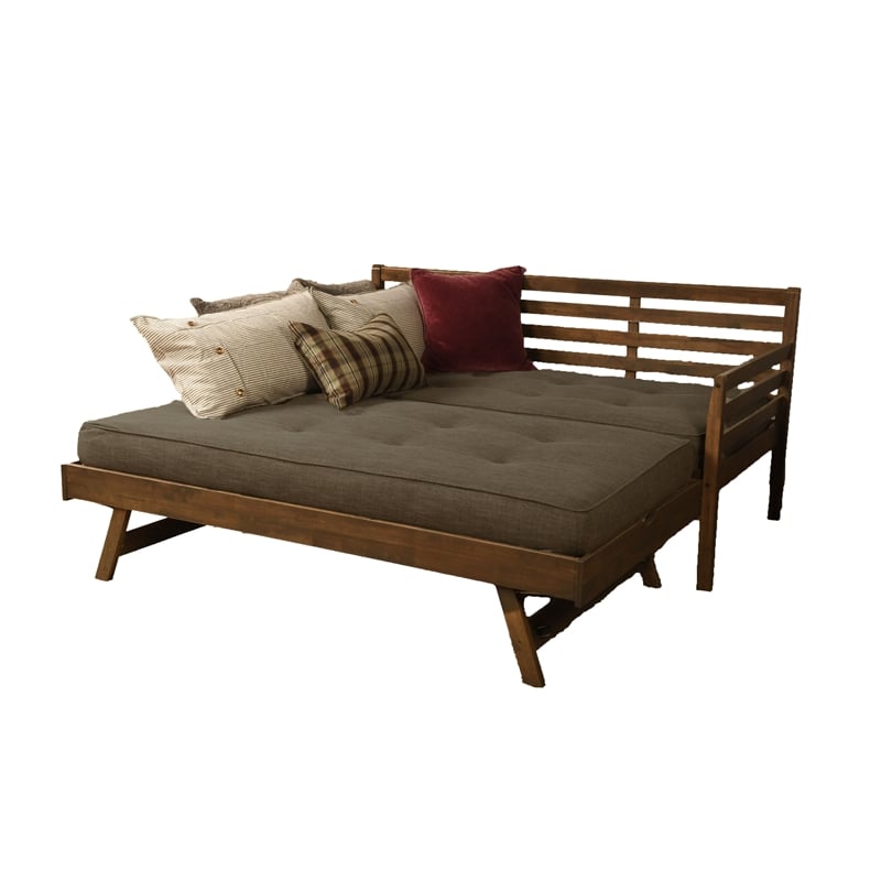Kodiak Furniture Boho Wood Daybed/Pop Up in Walnut Brown with Linen Mattresses
