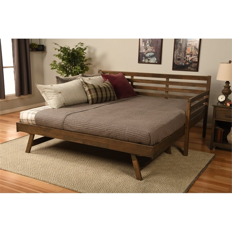 Kodiak Furniture Boho Wood Daybed/Pop Up in Walnut Brown with Linen Mattresses