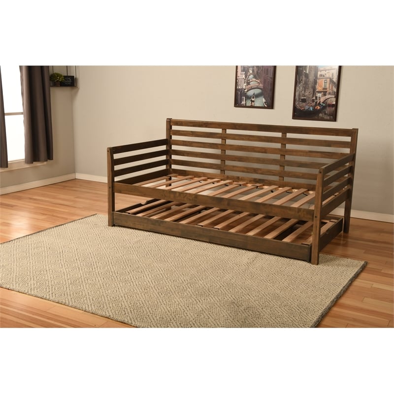Kodiak Furniture Boho Wood Daybed/Pop Up in Walnut Brown with Linen Mattresses