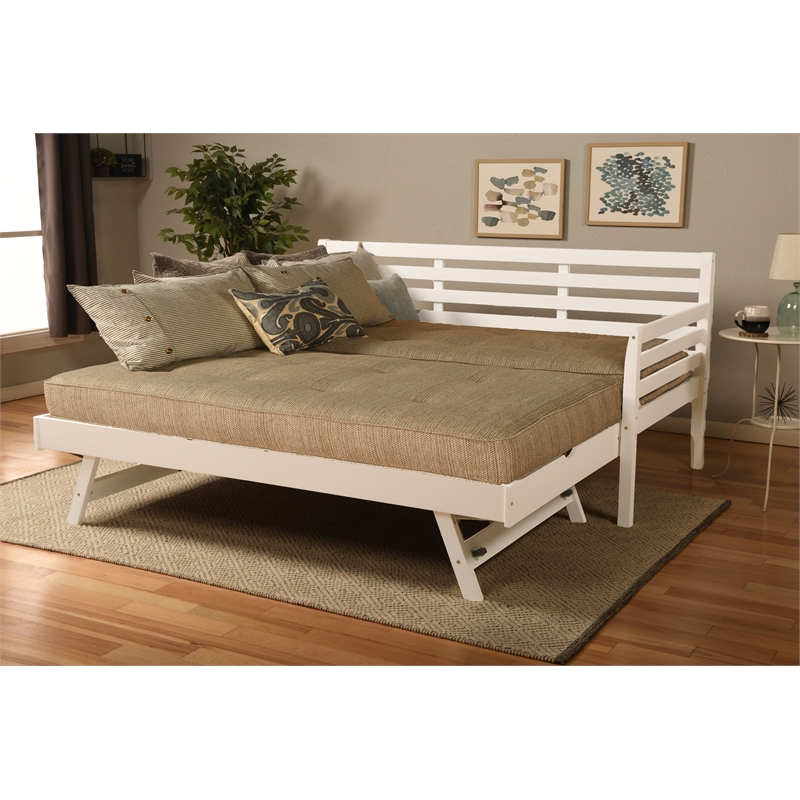 Kodiak Furniture Boho Wood Daybed/Pop Up Bed in White w/ Brown Mattresses