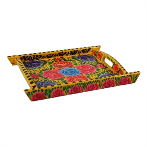 natural geo yellow floral rosewood serving tray