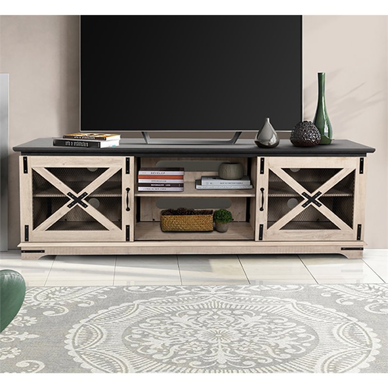 Living Essentials Denver X Door Wooden TV Stand in Taupe Oak Cymax