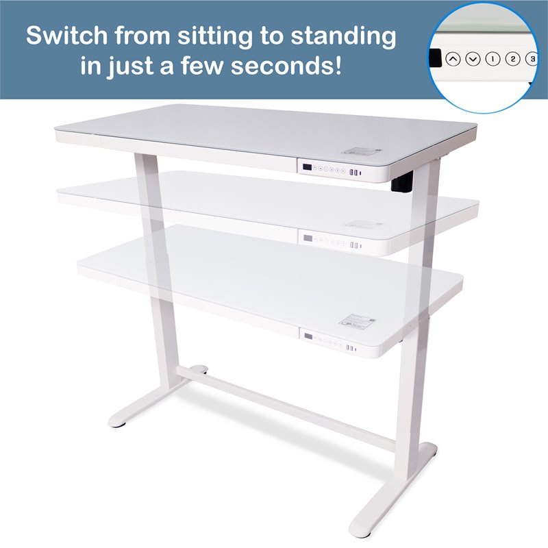 Living Essentials Jefferson Electric Glass Top Standing Desk in White and Gray