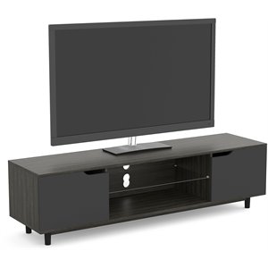 Safdie & Co. 59.25&quotL Wood 2-Shelves 2-Black Doors TV Stand in Dark Grey