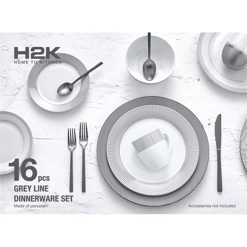 Safdie & Co. Porcelain Dinnerset 16 Piece Round Rim Grey Line