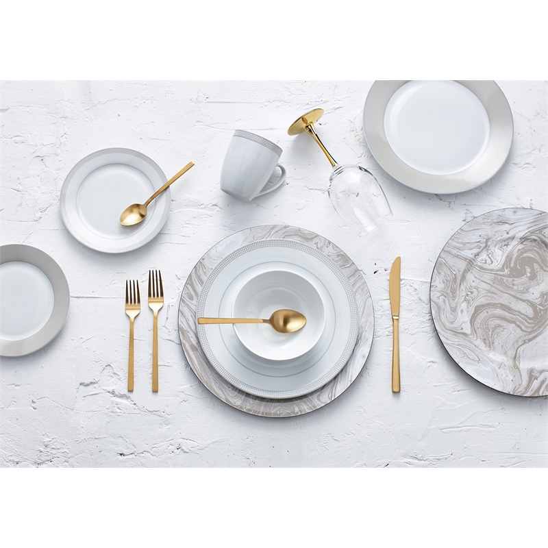 Safdie & Co. Porcelain Dinnerset 16 Piece Round Rim Taupe Dot