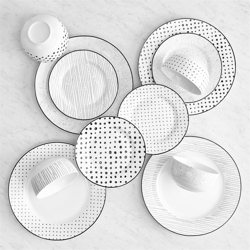 Safdie & Co. Porcelain Dinnerset 12 Piece Black White Sketch - Thumbnail 2