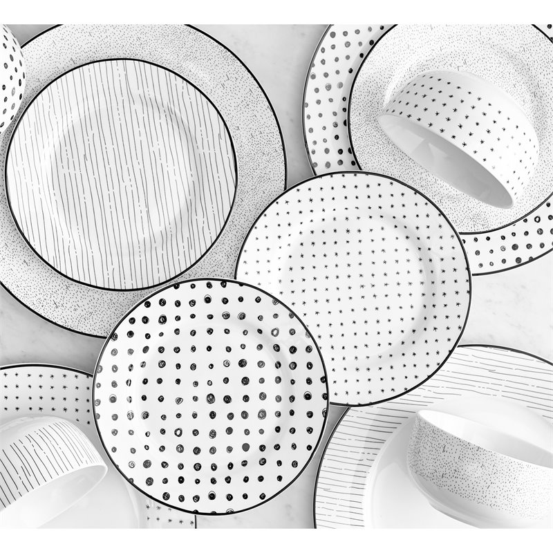 Safdie & Co. Porcelain Dinnerset 12 Piece Black White Sketch - Thumbnail 3