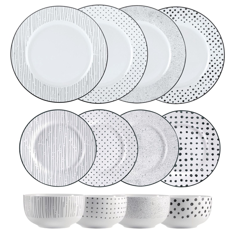 Dinnerset 12pc Black White Sketch - Safdie & Co HK03462EC