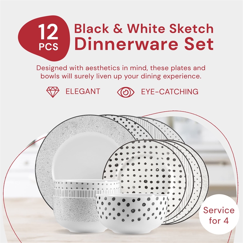 Safdie & Co. Porcelain Dinnerset 12 Piece Black White Sketch