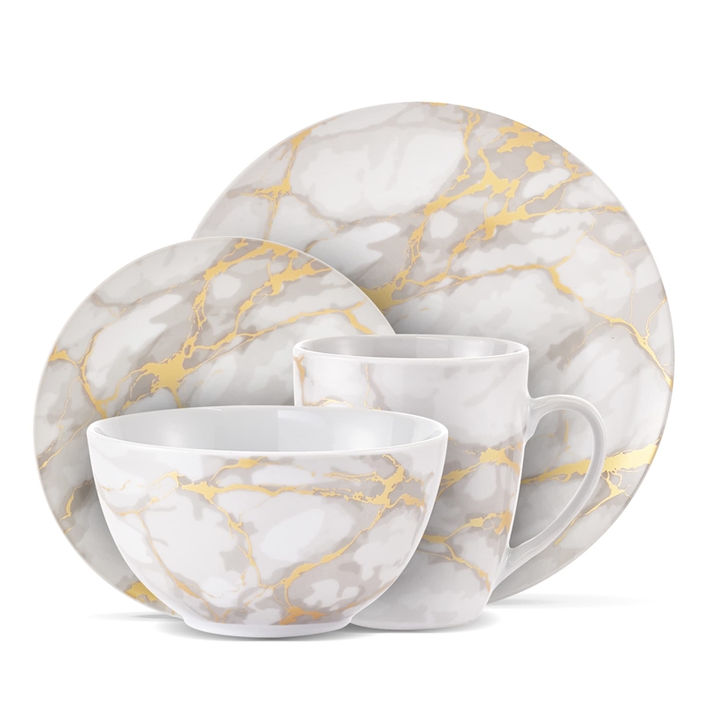 Safdie & Co. Porcelain Dinnerset 16 Piece Gold Marble