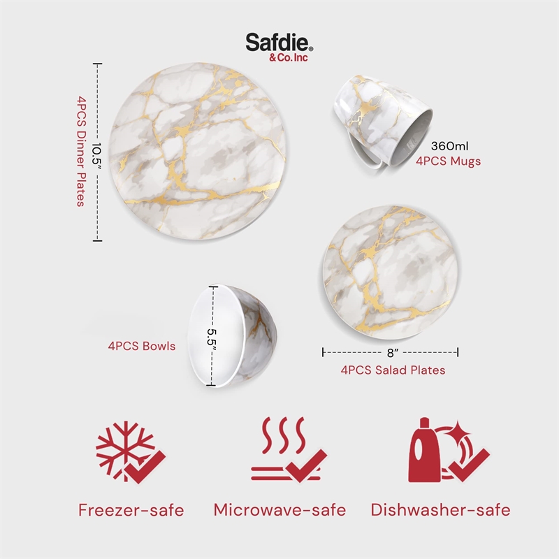 Safdie & Co. Porcelain Dinnerset 16 Piece Gold Marble