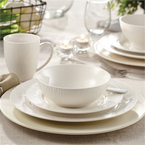 Safdie & Co. Porcelain Dinnerset 16 Piece Embossed Round Rim Pearl
