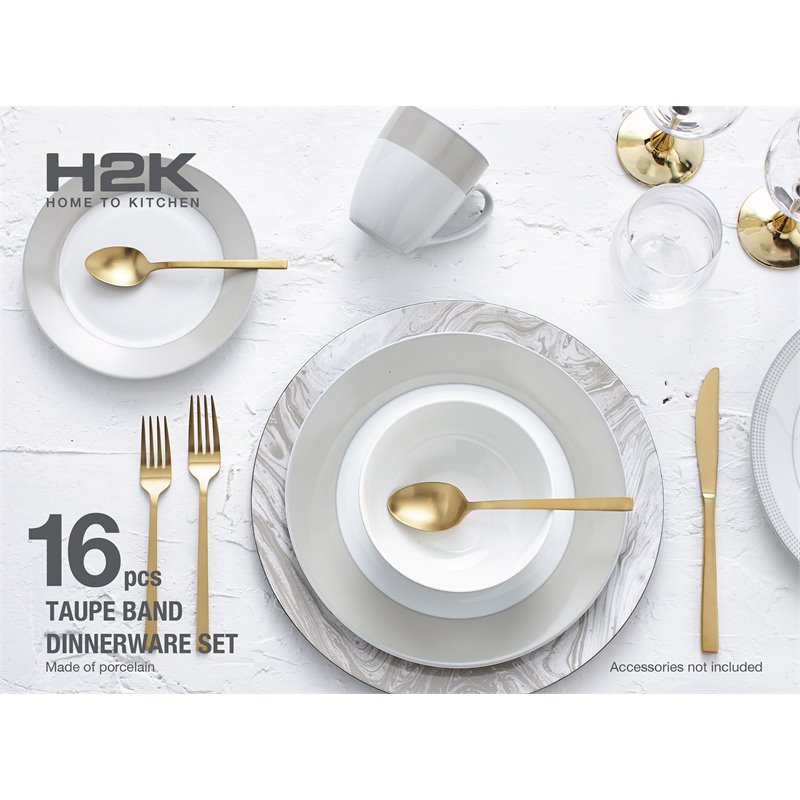 Safdie & Co. Porcelain Dinnerset 16 Piece Round Rim Taupe Band