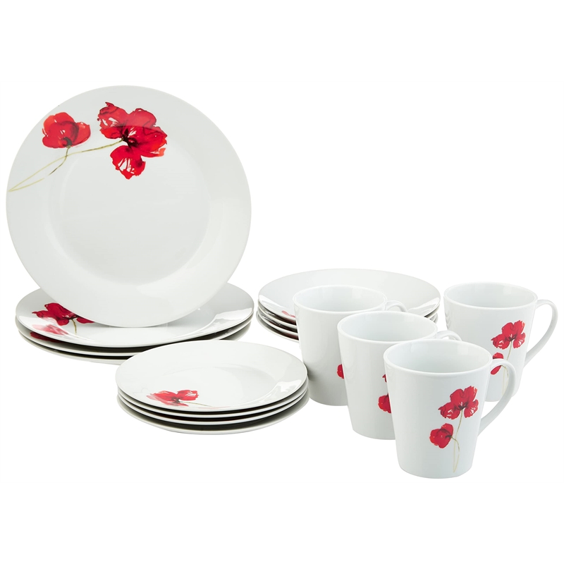 Safdie & Co. Porcelain Dinnerset 16 Piece Round Rim Ruby Poppi
