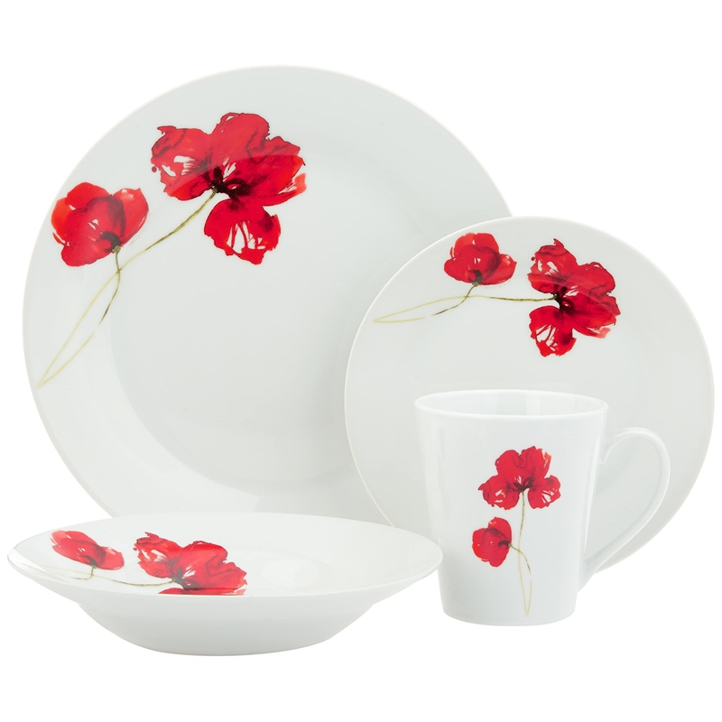 Safdie & Co. Porcelain Dinnerset 16 Piece Round Rim Ruby Poppi