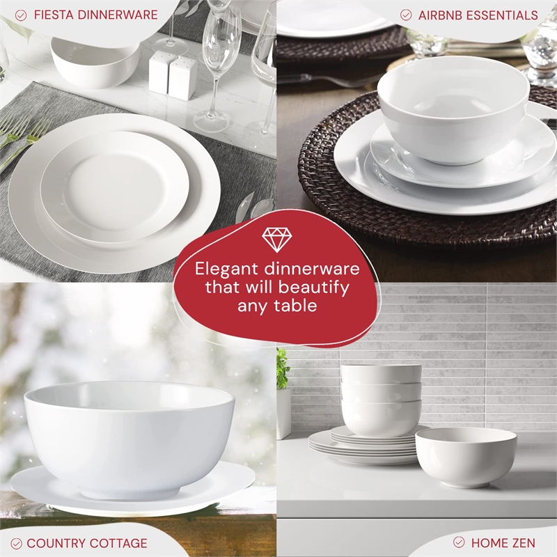 Safdie & Co. Porcelain Dinnerset 12 Piece Plain White Round Rim Aspen