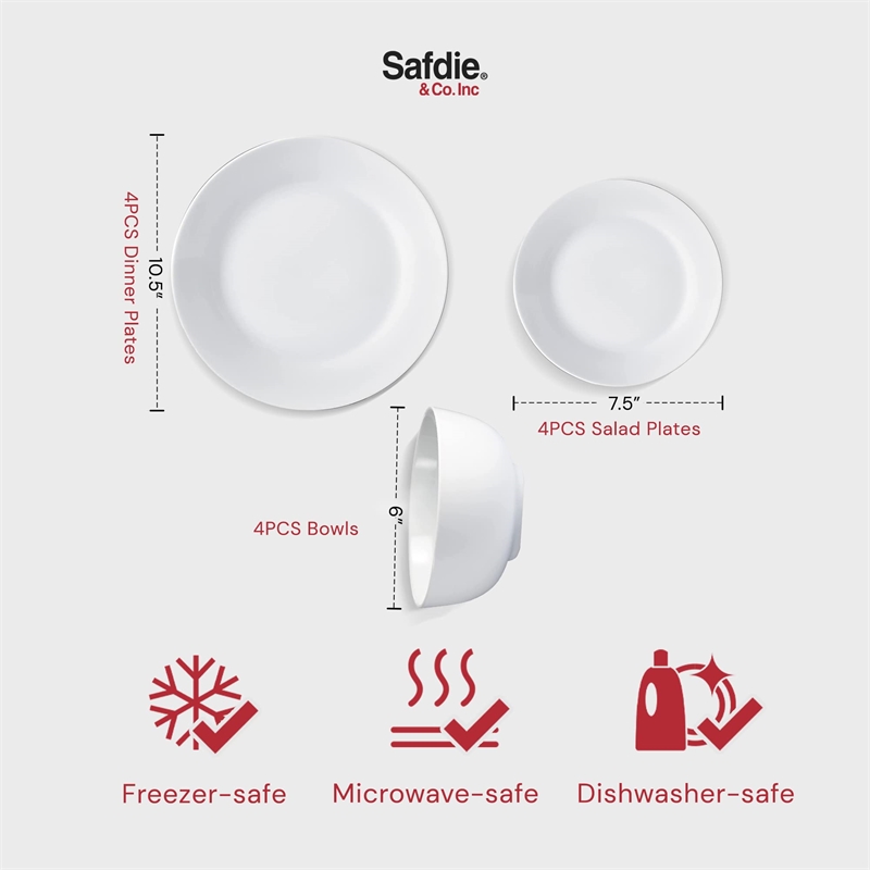 Safdie & Co. Porcelain Dinnerset 12 Piece Plain White Round Rim Aspen