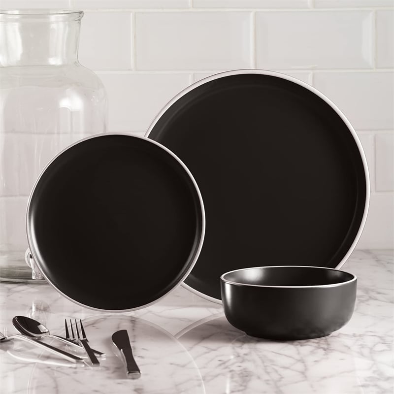 Safdie & Co. Stoneware Dinnerset 12 Piece 2-Tone Cylinder Matte Black
