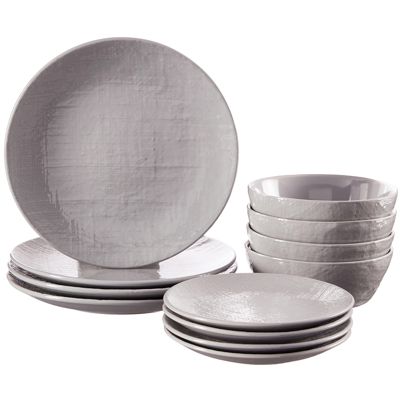Safdie & Co. Stoneware Dinnerset 12 Piece Grey Linen Embossed