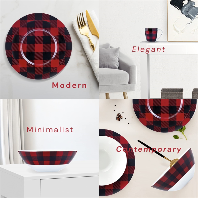 Safdie & Co. Porcelain Dinnerset 16 Piece Buffalo Plaid Red/Black