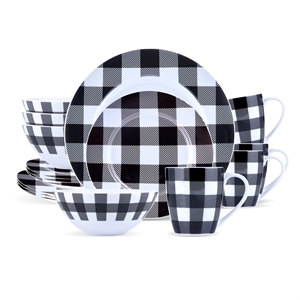 Safdie & Co. Porcelain Dinnerset 16 Piece Buffalo Plaid White/Black
