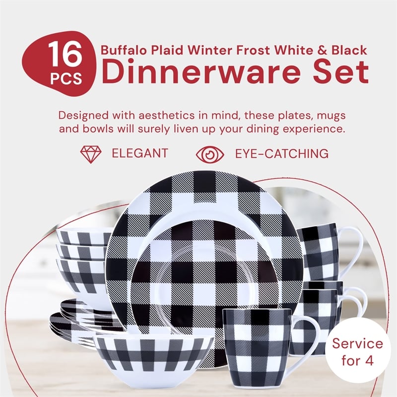 Safdie & Co. Porcelain Dinnerset 16 Piece Buffalo Plaid White/Black