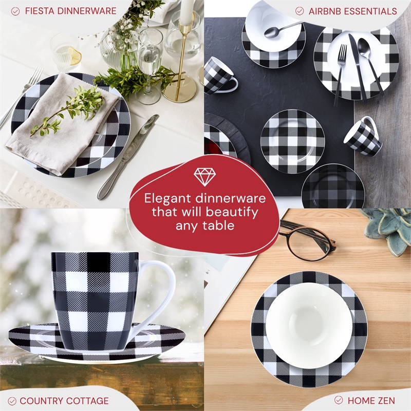 Safdie & Co. Porcelain Dinnerset 16 Piece Buffalo Plaid White/Black