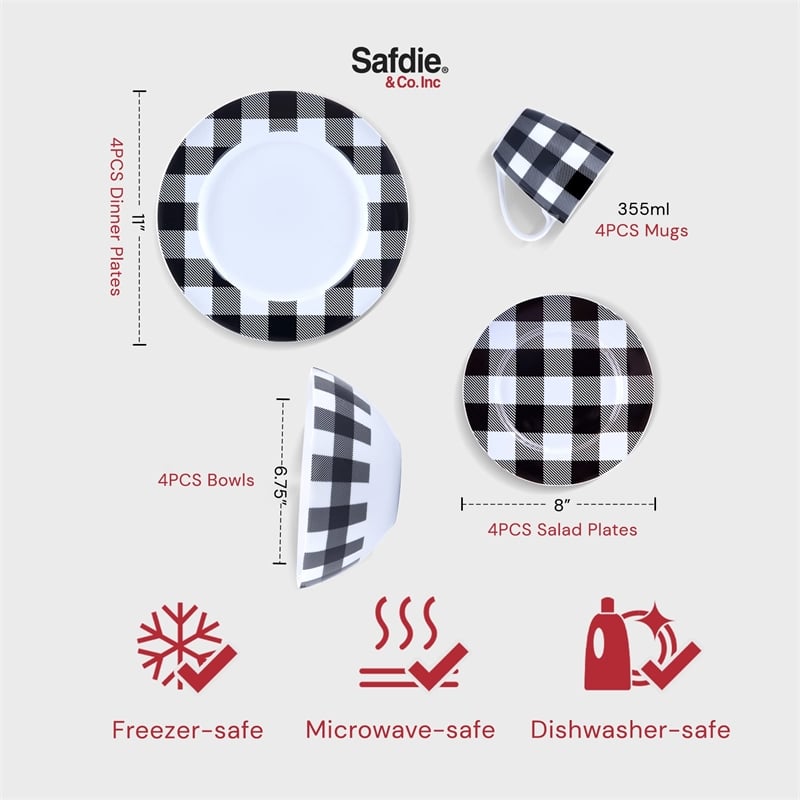 Safdie & Co. Porcelain Dinnerset 16 Piece Buffalo Plaid White/Black